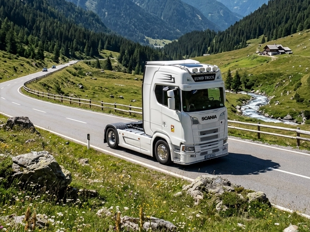 Camion Scania din flota Eunid Truck fotografiat in cadrul unui peisaj superb